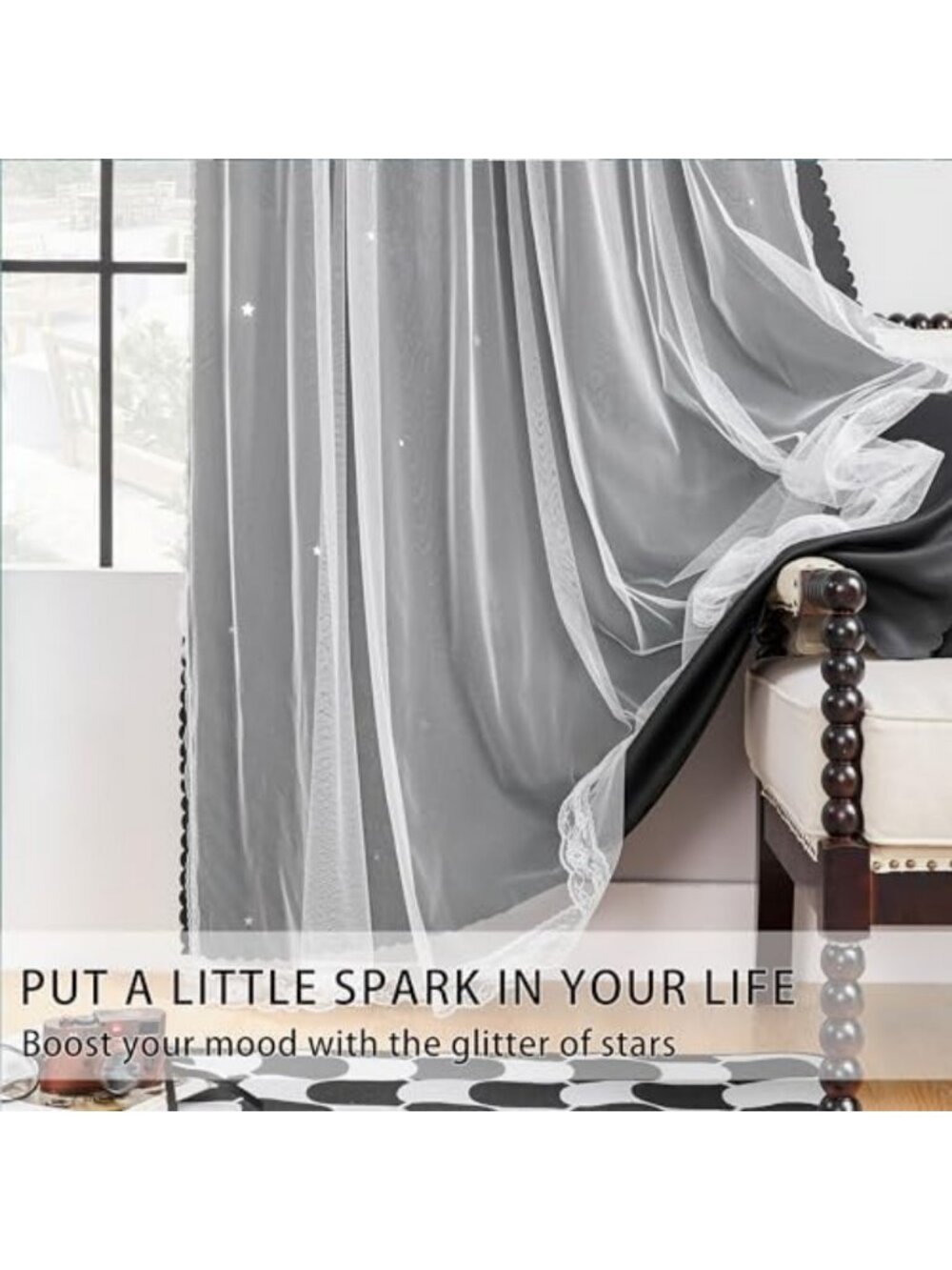 Blackout Curtains 84” Long - 2 Panel Set, Double Layer Star Cut Out Drapes for - Picture 3 of 7